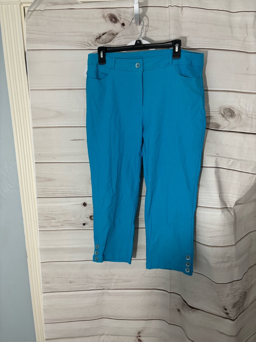 Women's Bright Turquoise Stretch Chinos with Hem Button Detail